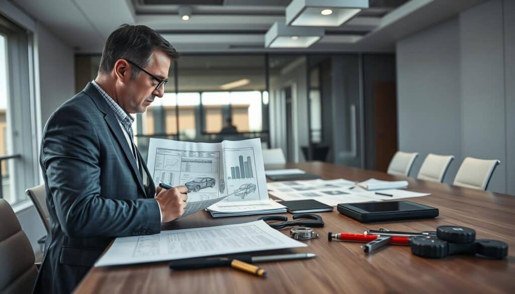 A professional office environment showcasing an automotive expert reviewing a technical opinion report. In the foreground, a focused middle-aged man in a tailored suit inspects detailed blueprints, holding a pen, with a laptop open beside him displaying graphs and analysis. The middle layer features a large, sleek conference table cluttered with technical documents, tools like calipers and measuring devices, and a digital tablet. The background reveals a modern office with large windows allowing soft, natural light to illuminate the space. Subtle shadows from the overhead lights create a serious and professional atmosphere. The mood is one of determination and expertise, emphasizing the importance of technical accuracy over insurance decisions.