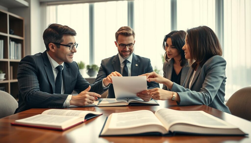 A professional office setting conveying the essence of the German Civil Code (BGB) interpretation, featuring a diverse group of three individuals in formal business attire engaged in a discussion. They are gathered around a polished wooden table, with legal documents and open law books scattered about. The foreground outlines their focused expressions, while the middle ground shows two of them pointing at a document, indicating collaboration and analysis. In the background, large windows let in soft, natural lighting, creating a warm and inviting atmosphere. The overall mood is one of professionalism, concentration, and the importance of risk assessment within the realm of insurance processes. The lens captures this scene from a slightly elevated angle to provide a comprehensive view of the interaction. A professional office setting conveying the essence of the German Civil Code (BGB) interpretation, featuring a diverse group of three individuals in formal business attire engaged in a discussion. They are gathered around a polished wooden table, with legal documents and open law books scattered about. The foreground outlines their focused expressions, while the middle ground shows two of them pointing at a document, indicating collaboration and analysis. In the background, large windows let in soft, natural lighting, creating a warm and inviting atmosphere. The overall mood is one of professionalism, concentration, and the importance of risk assessment within the realm of insurance processes. The lens captures this scene from a slightly elevated angle to provide a comprehensive view of the interaction.