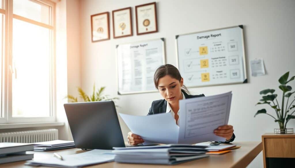 A professional office setting focused on the process of reporting property damage. In the foreground, a businesswoman dressed in professional attire is seated at a desk filled with documents and a laptop, looking intently at a form labeled "Damage Report." The middle layer features a wall with framed certificates and a whiteboard displaying key steps of the reporting process, including checklists and flowcharts. In the background, there is a window letting in natural light, creating a warm atmosphere, and a potted plant adding a touch of greenery. The composition conveys a sense of organization and seriousness, highlighting the methodical nature of the damage reporting process. Use soft, diffused lighting to enhance the mood, focusing on clarity and professionalism in a busy office environment. A professional office setting focused on the process of reporting property damage. In the foreground, a businesswoman dressed in professional attire is seated at a desk filled with documents and a laptop, looking intently at a form labeled "Damage Report." The middle layer features a wall with framed certificates and a whiteboard displaying key steps of the reporting process, including checklists and flowcharts. In the background, there is a window letting in natural light, creating a warm atmosphere, and a potted plant adding a touch of greenery. The composition conveys a sense of organization and seriousness, highlighting the methodical nature of the damage reporting process. Use soft, diffused lighting to enhance the mood, focusing on clarity and professionalism in a busy office environment.