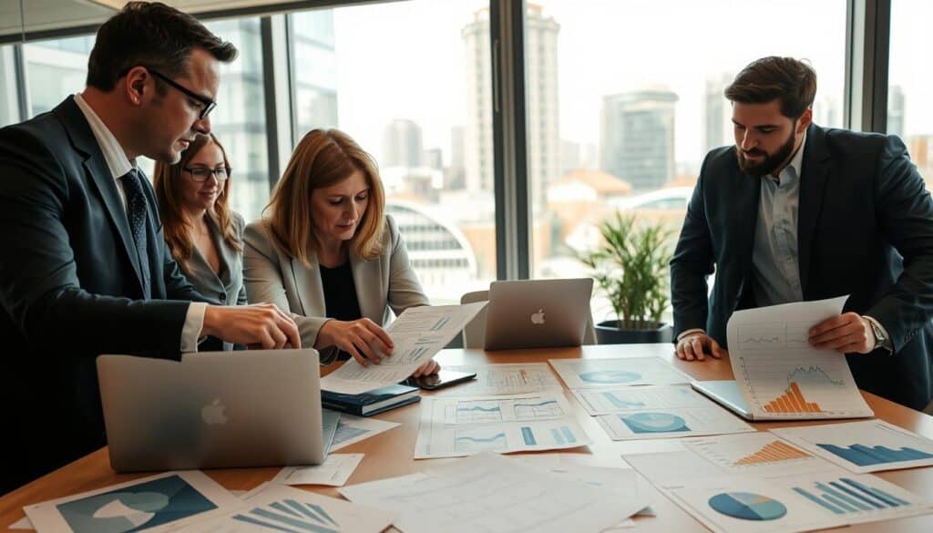 A professional office setting showcasing a group of diverse individuals in business attire collaborating over a table strewn with documents and case studies related to damage claims and compensation in Germany. In the foreground, a middle-aged woman points to a case study on her laptop, while a younger man takes notes. The middle ground features charts and graphs depicting real-life scenarios of damages and compensation calculations. The background shows a large window with natural light streaming in, revealing a cityscape of modern German architecture outside. The atmosphere is focused and serious, conveying a sense of collaboration and analysis. The overall mood is one of professionalism and diligence, portraying the importance of realistic damage assessments. A professional office setting showcasing a group of diverse individuals in business attire collaborating over a table strewn with documents and case studies related to damage claims and compensation in Germany. In the foreground, a middle-aged woman points to a case study on her laptop, while a younger man takes notes. The middle ground features charts and graphs depicting real-life scenarios of damages and compensation calculations. The background shows a large window with natural light streaming in, revealing a cityscape of modern German architecture outside. The atmosphere is focused and serious, conveying a sense of collaboration and analysis. The overall mood is one of professionalism and diligence, portraying the importance of realistic damage assessments.