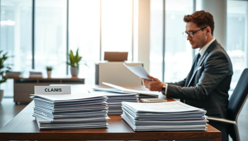 A professional office setting with a determined insurance claim representative sitting at a modern desk filled with paperwork and a laptop, illustrating the insurance claim process. In the foreground, a focused individual in a smart business suit, reviewing documents, conveying a sense of determination and professionalism. In the middle ground, stacks of paperwork labeled "Claims" and "Compensation" are neatly organized, symbolizing the structured nature of the claim process. The background features a bright, well-lit office with large windows allowing natural light to fill the space, creating an optimistic atmosphere. Soft shadows cast by the furniture add depth to the scene. The image should evoke a mood of diligence and hope, reflecting the journey toward making a successful claim. A professional office setting with a determined insurance claim representative sitting at a modern desk filled with paperwork and a laptop, illustrating the insurance claim process. In the foreground, a focused individual in a smart business suit, reviewing documents, conveying a sense of determination and professionalism. In the middle ground, stacks of paperwork labeled "Claims" and "Compensation" are neatly organized, symbolizing the structured nature of the claim process. The background features a bright, well-lit office with large windows allowing natural light to fill the space, creating an optimistic atmosphere. Soft shadows cast by the furniture add depth to the scene. The image should evoke a mood of diligence and hope, reflecting the journey toward making a successful claim.