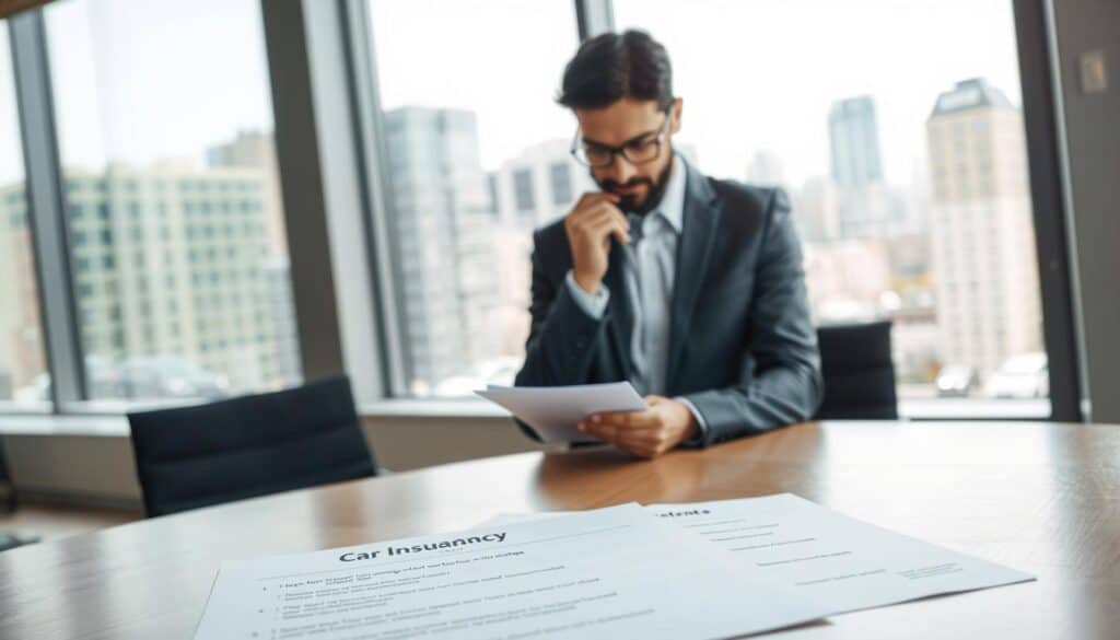A professional office setting with a modern desk in the foreground, displaying documents related to car insurance claims. There are a few well-organized papers titled "OC Sprawcy" with bullet points outlining steps for reporting damage. In the middle ground, a business professional in a sharp suit is reviewing the documents thoughtfully, using a pen to take notes. In the background, a large window shows a bright cityscape, symbolizing clarity and transparency. Soft, natural light filters through the glass, creating a productive and focused atmosphere. The overall mood is serious yet optimistic, emphasizing the importance of thoroughness in the insurance claim process. A professional office setting with a modern desk in the foreground, displaying documents related to car insurance claims. There are a few well-organized papers titled "OC Sprawcy" with bullet points outlining steps for reporting damage. In the middle ground, a business professional in a sharp suit is reviewing the documents thoughtfully, using a pen to take notes. In the background, a large window shows a bright cityscape, symbolizing clarity and transparency. Soft, natural light filters through the glass, creating a productive and focused atmosphere. The overall mood is serious yet optimistic, emphasizing the importance of thoroughness in the insurance claim process.