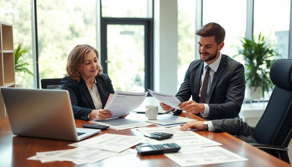 A professional office setting with an insurance agent and a client engaged in a discussion. The foreground features the agent, a middle-aged woman in a smart business suit, sitting at a desk with a laptop open and documents spread out, symbolizing the claims process. The client, a young adult man dressed in a formal shirt and tie, looks attentive and is reaching for a pen to sign a document. In the middle, the desk is cluttered with insurance paperwork, a calculator, and a couple of coffee cups. The background reveals a modern office with large windows letting in natural light, creating a bright, optimistic atmosphere. The mood is focused and professional, suggesting a proactive approach to insurance claims. A professional office setting with an insurance agent and a client engaged in a discussion. The foreground features the agent, a middle-aged woman in a smart business suit, sitting at a desk with a laptop open and documents spread out, symbolizing the claims process. The client, a young adult man dressed in a formal shirt and tie, looks attentive and is reaching for a pen to sign a document. In the middle, the desk is cluttered with insurance paperwork, a calculator, and a couple of coffee cups. The background reveals a modern office with large windows letting in natural light, creating a bright, optimistic atmosphere. The mood is focused and professional, suggesting a proactive approach to insurance claims.