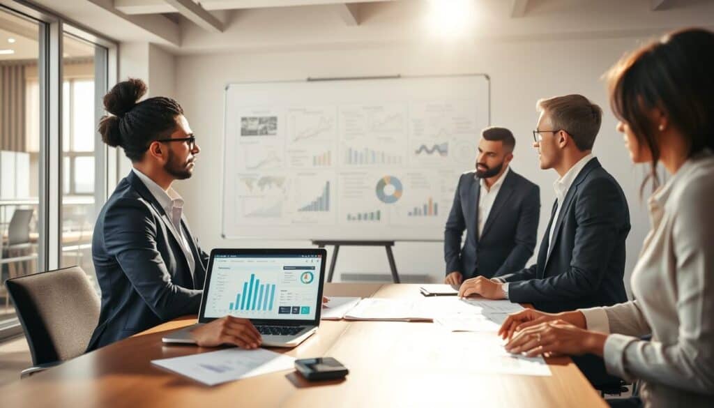 A professional setting depicting the benefits of having technical expertise. In the foreground, a diverse group of three individuals in business attire are engaged in a focused discussion around a table, with technical documents and a laptop displaying data visualizations. In the middle ground, a large whiteboard filled with analytical diagrams and charts highlights key findings. The background shows a modern office environment with large windows, allowing natural light to flood the room, creating an atmosphere of innovation and collaboration. Soft shadows add depth to the scene, while a slight lens blur emphasizes the group's interaction. The overall mood is one of professionalism and purposeful engagement, reflecting the value of technical expertise in decision-making processes. A professional setting depicting the benefits of having technical expertise. In the foreground, a diverse group of three individuals in business attire are engaged in a focused discussion around a table, with technical documents and a laptop displaying data visualizations. In the middle ground, a large whiteboard filled with analytical diagrams and charts highlights key findings. The background shows a modern office environment with large windows, allowing natural light to flood the room, creating an atmosphere of innovation and collaboration. Soft shadows add depth to the scene, while a slight lens blur emphasizes the group's interaction. The overall mood is one of professionalism and purposeful engagement, reflecting the value of technical expertise in decision-making processes.