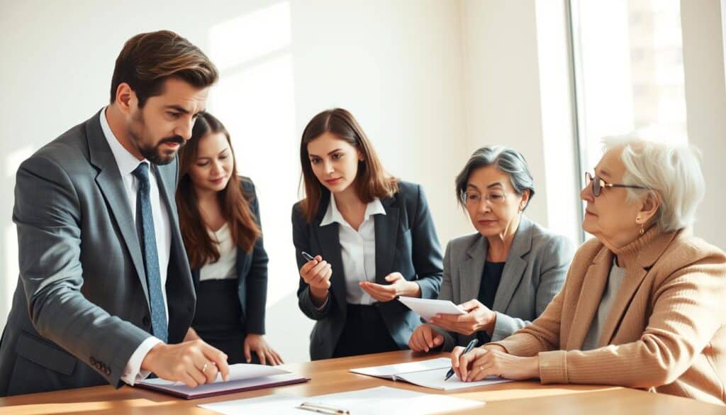 A professional, well-lit office environment serves as the backdrop. In the foreground, a diverse group of three individuals in business attire engage in a serious discussion. A middle-aged male expert, confident and knowledgeable, points to a document on a desk, while a young female client listens intently, making notes. The third individual, an older woman, sits across the table with a thoughtful expression, holding a pen and a notebook. The atmosphere is focused and respectful, conveying a sense of preparation and collaboration. Soft daylight filters through a large window, casting gentle shadows and creating a warm, inviting ambiance. The details emphasize a sense of professionalism and helpfulness, highlighting the theme of legal advice and preparedness for the meeting. A professional, well-lit office environment serves as the backdrop. In the foreground, a diverse group of three individuals in business attire engage in a serious discussion. A middle-aged male expert, confident and knowledgeable, points to a document on a desk, while a young female client listens intently, making notes. The third individual, an older woman, sits across the table with a thoughtful expression, holding a pen and a notebook. The atmosphere is focused and respectful, conveying a sense of preparation and collaboration. Soft daylight filters through a large window, casting gentle shadows and creating a warm, inviting ambiance. The details emphasize a sense of professionalism and helpfulness, highlighting the theme of legal advice and preparedness for the meeting.