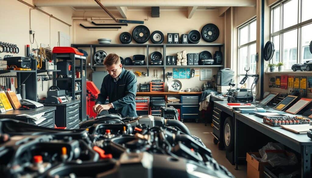 A professional workshop featuring a well-organized automotive repair space. In the foreground, a mechanic in smart casual attire works diligently on an engine, surrounded by various high-quality original car parts and tools. The middle of the scene showcases workbenches filled with neatly arranged equipment, diagnostic tools, and colorful instruction manuals about original parts. The background reveals a large window allowing natural light to illuminate the space, enhancing the atmosphere of professionalism. Soft shadows create depth, while a warm, inviting color palette evokes a sense of trust and reliability. The overall composition should be dynamic yet orderly, capturing the essence of effective communication about original parts between mechanics and clients.