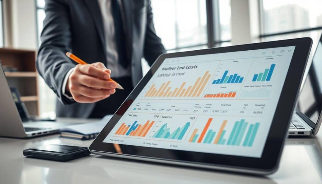 A professional workspace featuring a close-up view of a digital tablet displaying detailed charts and graphs related to labor hour costs. In the foreground, a person dressed in smart business attire, focused and analyzing the data with a pencil in hand. The middle ground includes a modern desk with a laptop, notebooks, and a calculator, reflecting a dynamic work environment. In the background, large windows provide natural light, highlighting the professionalism of the setting. The overall atmosphere is serious yet productive, evoking a sense of meticulous calculation and analysis. Soft lighting enhances the clarity of the digital screen, creating an engaging and informative scene that captures the essence of calculating labor costs efficiently. A professional workspace featuring a close-up view of a digital tablet displaying detailed charts and graphs related to labor hour costs. In the foreground, a person dressed in smart business attire, focused and analyzing the data with a pencil in hand. The middle ground includes a modern desk with a laptop, notebooks, and a calculator, reflecting a dynamic work environment. In the background, large windows provide natural light, highlighting the professionalism of the setting. The overall atmosphere is serious yet productive, evoking a sense of meticulous calculation and analysis. Soft lighting enhances the clarity of the digital screen, creating an engaging and informative scene that captures the essence of calculating labor costs efficiently.