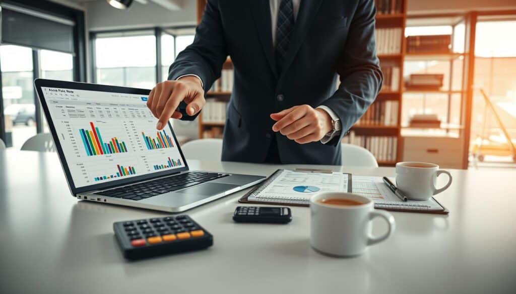 A professional workspace featuring a detailed analysis of ASO rates on a large, modern desk. In the foreground, a pair of hands, dressed in smart business attire, is pointing at a spreadsheet filled with colorful graphs and numerical calculations on a laptop. The middle ground includes a well-organized clipboard displaying additional data, a calculator, and a coffee cup, suggesting a moment of deep concentration. The background consists of a bright, contemporary office with large windows letting in natural light, illuminating shelves filled with books related to finance and law. The atmosphere is focused and analytical, conveying a sense of professional diligence and the importance of accurate calculations. The image should have a soft focus on the background, with clear emphasis on the analysis being conducted.