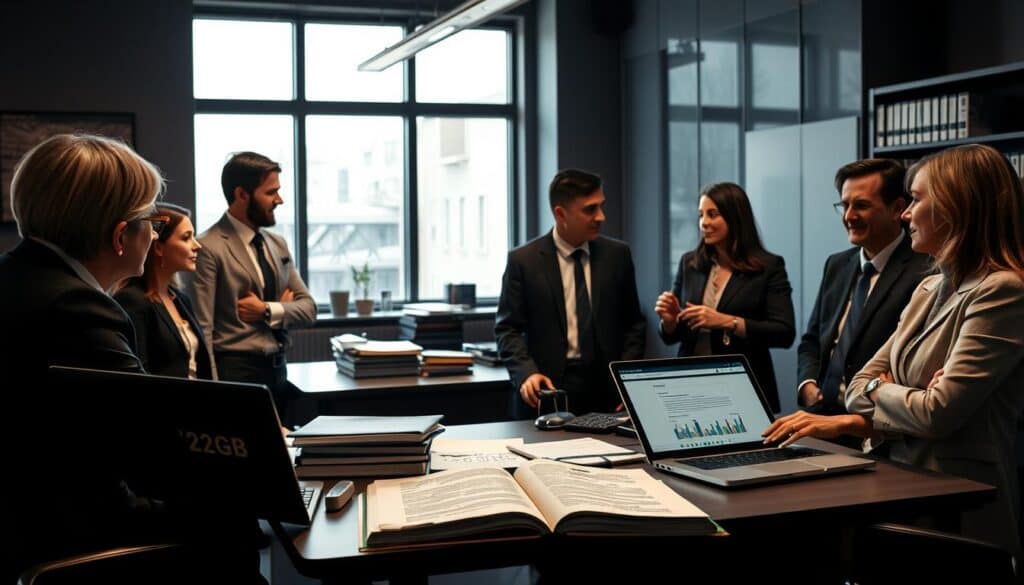 A professional workspace setting depicting a legal discussion about § 249 BGB. In the foreground, a diverse group of business professionals in formal attire, engaged in a serious conversation. The middle ground features a desk cluttered with legal documents, including a prominently displayed, open German Civil Code (BGB), alongside a laptop showing legal software. The background reveals a dimly lit, contemporary office space with shelves of law books and a large window that allows soft, natural light to illuminate the scene. The atmosphere is focused and scholarly, conveying a sense of caution and seriousness in handling legal matters. Use a slightly elevated camera angle for a comprehensive view, ensuring clarity without distractions. A professional workspace setting depicting a legal discussion about § 249 BGB. In the foreground, a diverse group of business professionals in formal attire, engaged in a serious conversation. The middle ground features a desk cluttered with legal documents, including a prominently displayed, open German Civil Code (BGB), alongside a laptop showing legal software. The background reveals a dimly lit, contemporary office space with shelves of law books and a large window that allows soft, natural light to illuminate the scene. The atmosphere is focused and scholarly, conveying a sense of caution and seriousness in handling legal matters. Use a slightly elevated camera angle for a comprehensive view, ensuring clarity without distractions.