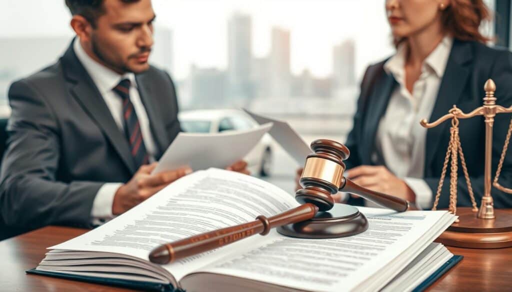 A scene depicting the concept of civil liability and compensation law. In the foreground, a professional lawyer in a sleek business suit consults with a concerned client, both looking at documents related to vehicle-related damages. The middle ground features an open law book with highlighted sections on liability and compensation, surrounded by a gavel and legal scales. The background shows a faint outline of a cityscape with modern vehicles, signifying urban traffic. Soft, warm lighting creates a conducive legal atmosphere, with a slightly blurred depth of field reminiscent of a law office setting. The mood is serious yet hopeful, emphasizing the importance of responsible ownership and accountability in vehicle-related incidents. A scene depicting the concept of civil liability and compensation law. In the foreground, a professional lawyer in a sleek business suit consults with a concerned client, both looking at documents related to vehicle-related damages. The middle ground features an open law book with highlighted sections on liability and compensation, surrounded by a gavel and legal scales. The background shows a faint outline of a cityscape with modern vehicles, signifying urban traffic. Soft, warm lighting creates a conducive legal atmosphere, with a slightly blurred depth of field reminiscent of a law office setting. The mood is serious yet hopeful, emphasizing the importance of responsible ownership and accountability in vehicle-related incidents.
