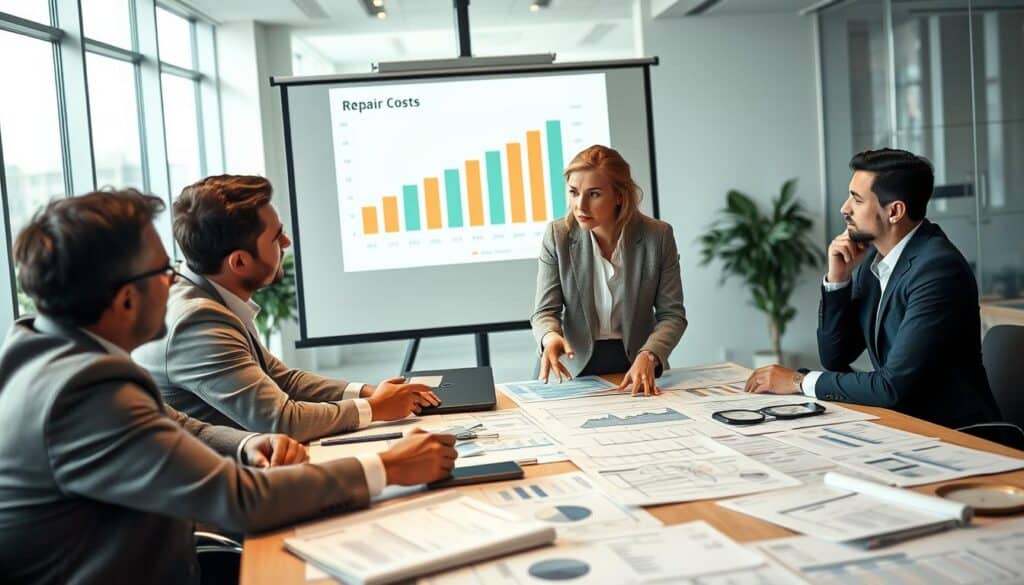 A thoughtful business meeting scene focused on the discussion of repair costs affecting finances. In the foreground, a diverse group of three professionals—two men and one woman—are engaged in a serious conversation around a large conference table cluttered with blueprints and financial reports. The woman, dressed in a professional blazer, gestures towards a detailed cost breakdown on paper, emphasizing its importance. In the middle ground, a large digital projector displays a bar graph showing fluctuating repair costs. The background features a modern office environment with large windows allowing natural light to flood the room, creating a bright and focused atmosphere. The overall mood is serious yet collaborative, highlighting the significance of financial awareness in decision-making. A thoughtful business meeting scene focused on the discussion of repair costs affecting finances. In the foreground, a diverse group of three professionals—two men and one woman—are engaged in a serious conversation around a large conference table cluttered with blueprints and financial reports. The woman, dressed in a professional blazer, gestures towards a detailed cost breakdown on paper, emphasizing its importance. In the middle ground, a large digital projector displays a bar graph showing fluctuating repair costs. The background features a modern office environment with large windows allowing natural light to flood the room, creating a bright and focused atmosphere. The overall mood is serious yet collaborative, highlighting the significance of financial awareness in decision-making.