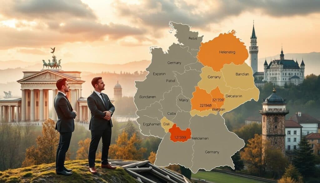 A visually striking illustration of regional differences in compensation amounts in Germany, capturing a diverse landscape. In the foreground, include a detailed map of Germany, showcasing various regions with highlighted areas representing varying compensation rates, depicted in different colors. In the middle ground, place a professional group of businesspeople in formal attire, discussing and analyzing the map, emphasizing collaboration and analysis. The background features iconic German landmarks, such as the Brandenburg Gate and the Neuschwanstein Castle, shrouded in soft, warm lighting to suggest a sense of seriousness and professionalism. The overall mood should be analytical yet engaging, inspiring viewers to consider the complexities of regional disparities in compensation. A visually striking illustration of regional differences in compensation amounts in Germany, capturing a diverse landscape. In the foreground, include a detailed map of Germany, showcasing various regions with highlighted areas representing varying compensation rates, depicted in different colors. In the middle ground, place a professional group of businesspeople in formal attire, discussing and analyzing the map, emphasizing collaboration and analysis. The background features iconic German landmarks, such as the Brandenburg Gate and the Neuschwanstein Castle, shrouded in soft, warm lighting to suggest a sense of seriousness and professionalism. The overall mood should be analytical yet engaging, inspiring viewers to consider the complexities of regional disparities in compensation.