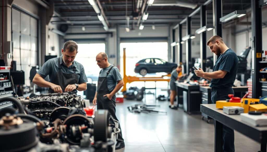 A bustling automotive workshop featuring experienced mechanics engaged in various repair tasks. In the foreground, two mechanics—one examining an engine block and another using diagnostic tools—wearing modest casual clothing, like overalls and T-shirts. The middle ground shows a variety of car parts and tools scattered on benches, with a vehicle on a lift, illuminated by bright, overhead lights that create a dynamic and industrious atmosphere. In the background, large garage doors lead to a bright exterior, showcasing an urban environment. The scene captures the importance of expertise in automotive repair, conveying a sense of professionalism and dedication. The perspective is slightly angled to highlight the depth of the workshop, suggesting activity and teamwork among the mechanics. The overall mood is focused and industrious, emphasizing the technical skill required in the industry.