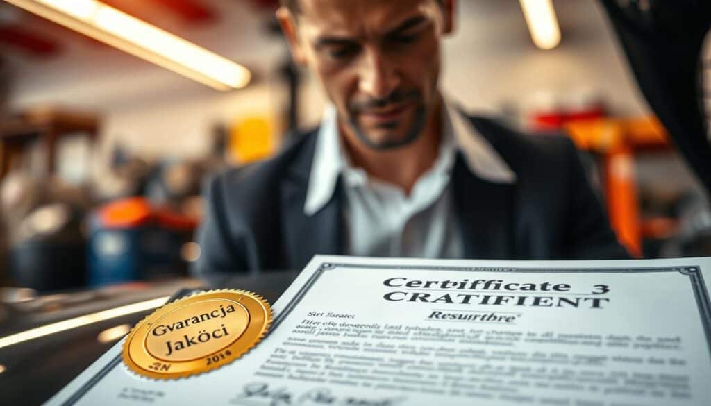 A close-up of a high-quality vehicle inspection certificate, prominently displaying a golden seal labeled "Gwarancja Jakości," located in the foreground. The background should feature a blurred mechanic's workshop, with tools and car parts subtly illuminated by warm, natural lighting. In the middle, a professional wearing a crisp white shirt and a dark blazer is carefully examining the certificate, exuding a sense of seriousness and integrity. The angle should be slightly above the certificate, capturing the details of both the document and the inspector's focused expression. The overall mood should convey trust, professionalism, and a commitment to maintaining high standards in vehicle quality assurance. A close-up of a high-quality vehicle inspection certificate, prominently displaying a golden seal labeled "Gwarancja Jakości," located in the foreground. The background should feature a blurred mechanic's workshop, with tools and car parts subtly illuminated by warm, natural lighting. In the middle, a professional wearing a crisp white shirt and a dark blazer is carefully examining the certificate, exuding a sense of seriousness and integrity. The angle should be slightly above the certificate, capturing the details of both the document and the inspector's focused expression. The overall mood should convey trust, professionalism, and a commitment to maintaining high standards in vehicle quality assurance.