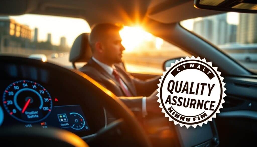 A close-up view of a high-quality vehicle dashboard showcasing a prominent and modern "quality assurance" badge. In the foreground, the sleek digital display with colorful, user-friendly metrics glows softly, emphasizing the advanced technology of the vehicle. The middle ground captures a well-dressed driver, wearing professional attire, intently focused on the road ahead, with their hands on the steering wheel, conveying confidence and control. The background features a blurred cityscape or highway, suggesting motion and speed. The lighting is warm and inviting, with sunlight filtering through the windshield, creating a professional yet approachable atmosphere. The overall mood reflects reliability and the importance of quality standards in vehicle performance. A close-up view of a high-quality vehicle dashboard showcasing a prominent and modern "quality assurance" badge. In the foreground, the sleek digital display with colorful, user-friendly metrics glows softly, emphasizing the advanced technology of the vehicle. The middle ground captures a well-dressed driver, wearing professional attire, intently focused on the road ahead, with their hands on the steering wheel, conveying confidence and control. The background features a blurred cityscape or highway, suggesting motion and speed. The lighting is warm and inviting, with sunlight filtering through the windshield, creating a professional yet approachable atmosphere. The overall mood reflects reliability and the importance of quality standards in vehicle performance.