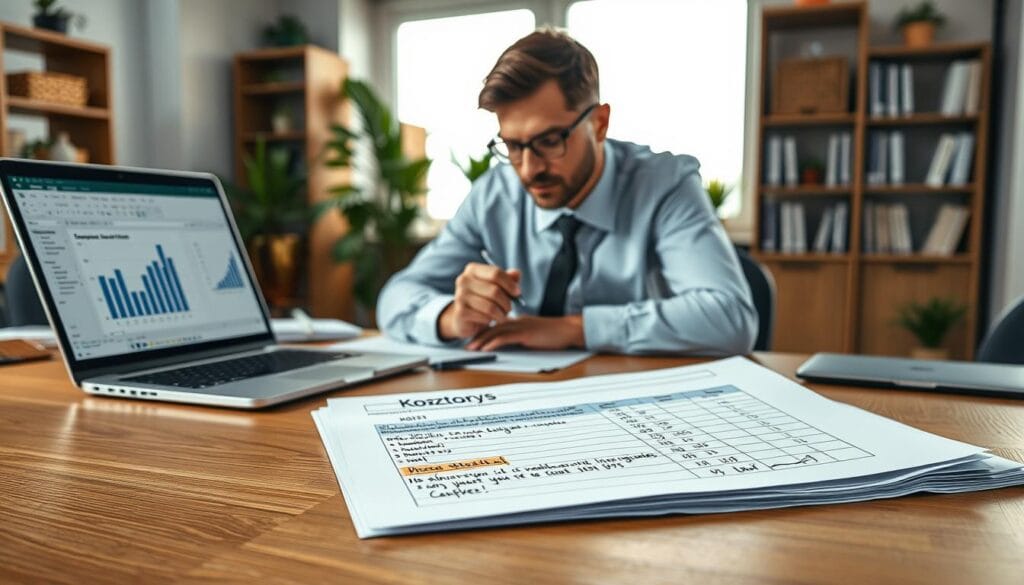 A detailed and organized workspace showing a partially filled "kosztorys" (cost estimate) document on a wooden desk. In the foreground, the focus is on the open document with handwritten notes and highlighted sections to indicate missing items. A laptop is open beside the document, displaying a spreadsheet program with a financial analysis chart. In the middle ground, a professional in business attire, a man in his thirties, is focused on reviewing the document with a pen in hand, appearing diligent and analytical. The background features a large window with soft natural light streaming in, illuminating a few potted plants and bookshelves, creating a serene yet productive atmosphere. The overall mood should convey professionalism and the seriousness of thorough analysis. A detailed and organized workspace showing a partially filled "kosztorys" (cost estimate) document on a wooden desk. In the foreground, the focus is on the open document with handwritten notes and highlighted sections to indicate missing items. A laptop is open beside the document, displaying a spreadsheet program with a financial analysis chart. In the middle ground, a professional in business attire, a man in his thirties, is focused on reviewing the document with a pen in hand, appearing diligent and analytical. The background features a large window with soft natural light streaming in, illuminating a few potted plants and bookshelves, creating a serene yet productive atmosphere. The overall mood should convey professionalism and the seriousness of thorough analysis.