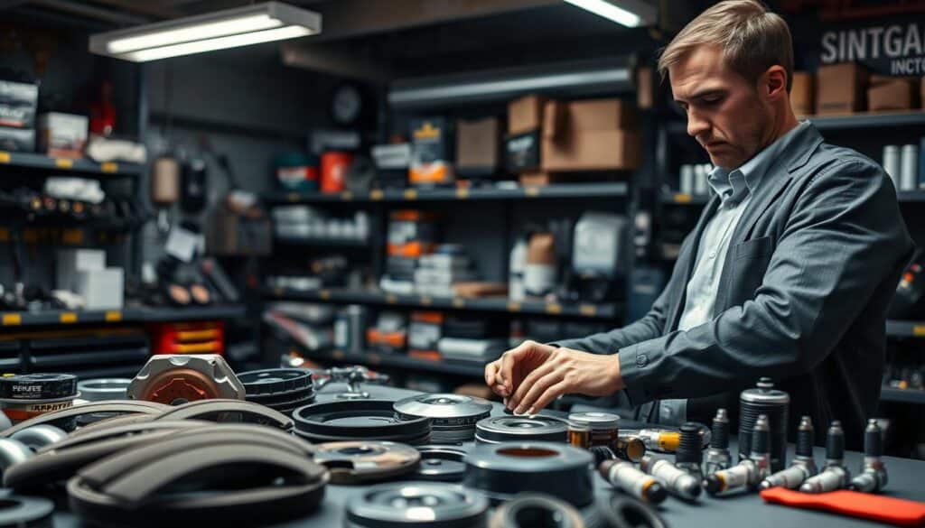 A detailed and professional automotive workshop setting. In the foreground, a mechanic in smart casual attire is inspecting various replacement car parts, laying them out for comparison. The middle ground features shelves filled with high-quality aftermarket parts, showcasing items like brake pads, filters, and spark plugs—they should look durable yet distinct from original parts. The background displays a busy workshop environment, with tools and equipment organized neatly, dimly lit for a focused atmosphere. Soft overhead lighting highlights the mechanic's concentration and the texture of the parts. The overall mood is informative and serious, reflecting the importance of quality in automotive repairs. A detailed and professional automotive workshop setting. In the foreground, a mechanic in smart casual attire is inspecting various replacement car parts, laying them out for comparison. The middle ground features shelves filled with high-quality aftermarket parts, showcasing items like brake pads, filters, and spark plugs—they should look durable yet distinct from original parts. The background displays a busy workshop environment, with tools and equipment organized neatly, dimly lit for a focused atmosphere. Soft overhead lighting highlights the mechanic's concentration and the texture of the parts. The overall mood is informative and serious, reflecting the importance of quality in automotive repairs.