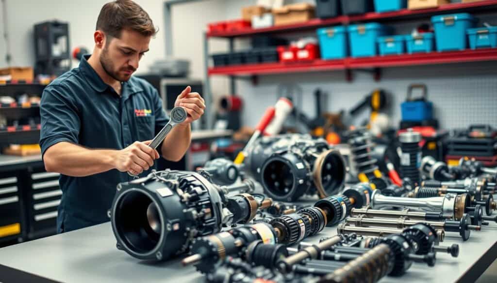 A detailed arrangement of vehicle parts displayed on a clean, well-lit workshop table, with a focus on high-quality components like engines, transmissions, and suspension systems. In the foreground, a mechanic in professional attire carefully assesses a component, holding a wrench, conveying a sense of expertise. The middle ground features an organized display of various vehicle parts, clearly labeled and categorized. The background includes blurred shelves stocked with storage bins, tools, and equipment, enhancing the workshop feel. The lighting is bright and even, highlighting the different textures of the materials. The mood is professional and informative, emphasizing the importance of choosing the right parts based on vehicle condition. A detailed arrangement of vehicle parts displayed on a clean, well-lit workshop table, with a focus on high-quality components like engines, transmissions, and suspension systems. In the foreground, a mechanic in professional attire carefully assesses a component, holding a wrench, conveying a sense of expertise. The middle ground features an organized display of various vehicle parts, clearly labeled and categorized. The background includes blurred shelves stocked with storage bins, tools, and equipment, enhancing the workshop feel. The lighting is bright and even, highlighting the different textures of the materials. The mood is professional and informative, emphasizing the importance of choosing the right parts based on vehicle condition.