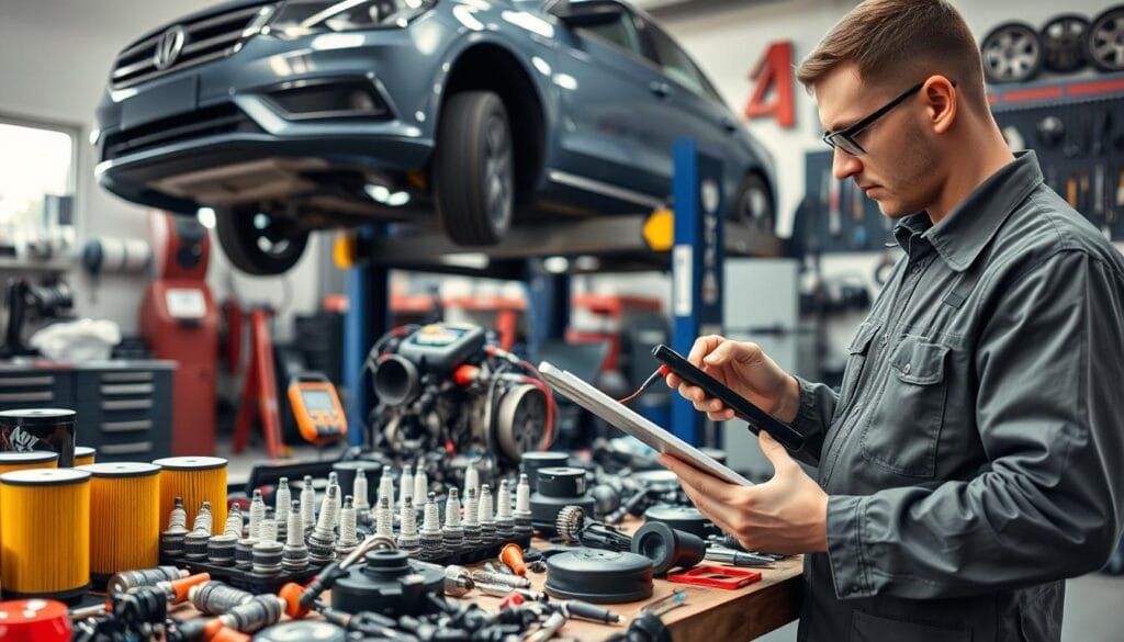 A detailed car parts diagnostic scene, focusing on a mechanic assessing various automotive components. In the foreground, a mechanic in professional attire examines an engine part, using diagnostic tools like a multimeter and laptop. The middle ground features a well-organized workbench cluttered with various car parts such as filters, spark plugs, and brake pads, meticulously labeled for clarity. In the background, a car is raised on a lift, revealing its undercarriage, with tools hung up on the wall for easy access. Lighting is bright and even, simulating a workshop environment, with natural light coming through windows, creating a productive atmosphere. The overall mood is professional and focused, showcasing the meticulous nature of vehicle diagnostics. A detailed car parts diagnostic scene, focusing on a mechanic assessing various automotive components. In the foreground, a mechanic in professional attire examines an engine part, using diagnostic tools like a multimeter and laptop. The middle ground features a well-organized workbench cluttered with various car parts such as filters, spark plugs, and brake pads, meticulously labeled for clarity. In the background, a car is raised on a lift, revealing its undercarriage, with tools hung up on the wall for easy access. Lighting is bright and even, simulating a workshop environment, with natural light coming through windows, creating a productive atmosphere. The overall mood is professional and focused, showcasing the meticulous nature of vehicle diagnostics.