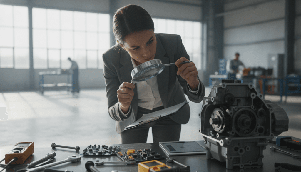A detailed examination scene showcasing technical expertise in identifying hidden damages. In the foreground, a professional in business attire inspects a partially disassembled machinery component, holding a magnifying glass and a clipboard filled with notes. In the middle ground, open tools and diagnostic equipment are laid out on a sleek workbench, emphasizing a high-tech environment. The background features a bright, well-lit workshop with large windows allowing natural light to illuminate the space, creating a mood of professionalism and precision. Lens focus is sharp on the inspector, with a slight blur on the tools, adding depth. The overall atmosphere conveys meticulous evaluation, reflecting the importance of detailed technical assessments in various situations.