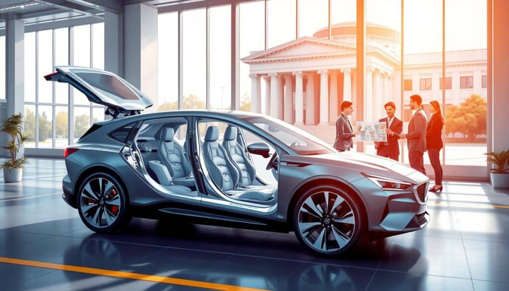 A detailed illustration depicting vehicle safety regulations, featuring elements like a modern car equipped with advanced sensors and safety systems, prominently displayed in the foreground. The car should be sleek and futuristic, showcasing its calibration equipment and safety features such as airbags and collision detection systems. In the middle ground, include a diverse group of professionals in business attire, discussing safety protocols and guidelines with a set of blueprints and technical documents spread out on a table. In the background, a regulatory authority building can be represented, symbolizing governmental oversight. The scene is well-lit with soft, natural light pouring in from large windows, creating a professional and collaborative atmosphere. The angle of the view is slightly elevated, offering a comprehensive perspective of the car and the discussions taking place. A detailed illustration depicting vehicle safety regulations, featuring elements like a modern car equipped with advanced sensors and safety systems, prominently displayed in the foreground. The car should be sleek and futuristic, showcasing its calibration equipment and safety features such as airbags and collision detection systems. In the middle ground, include a diverse group of professionals in business attire, discussing safety protocols and guidelines with a set of blueprints and technical documents spread out on a table. In the background, a regulatory authority building can be represented, symbolizing governmental oversight. The scene is well-lit with soft, natural light pouring in from large windows, creating a professional and collaborative atmosphere. The angle of the view is slightly elevated, offering a comprehensive perspective of the car and the discussions taking place.