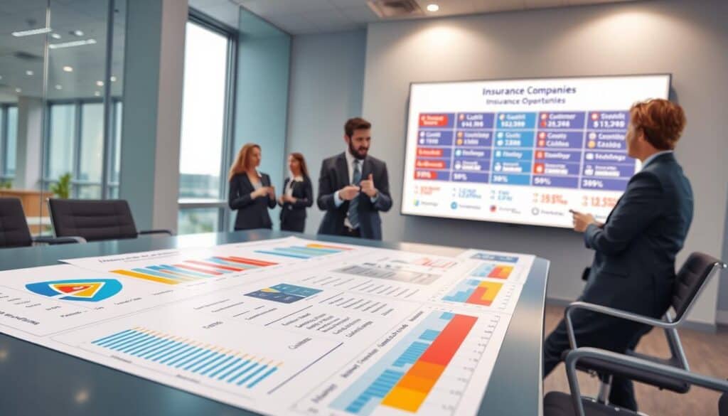 A detailed illustration of a comparison chart displaying various insurance companies ranked based on independent evaluation criteria. In the foreground, a sleek, modern table holds a variety of colorful graphs and charts, showcasing performance metrics like customer satisfaction and claim processing times. In the middle ground, business professionals in professional attire examine the charts, engaged in discussions and pointing at specific data points. In the background, a large digital screen displays a bright and informative infographic featuring the names of the insurance companies. The lighting is bright and focused, casting soft shadows, with a clean, modern office ambiance that conveys professionalism and clarity. The atmosphere is analytical and thoughtful, reflecting the process of obtaining independent evaluations. A detailed illustration of a comparison chart displaying various insurance companies ranked based on independent evaluation criteria. In the foreground, a sleek, modern table holds a variety of colorful graphs and charts, showcasing performance metrics like customer satisfaction and claim processing times. In the middle ground, business professionals in professional attire examine the charts, engaged in discussions and pointing at specific data points. In the background, a large digital screen displays a bright and informative infographic featuring the names of the insurance companies. The lighting is bright and focused, casting soft shadows, with a clean, modern office ambiance that conveys professionalism and clarity. The atmosphere is analytical and thoughtful, reflecting the process of obtaining independent evaluations.