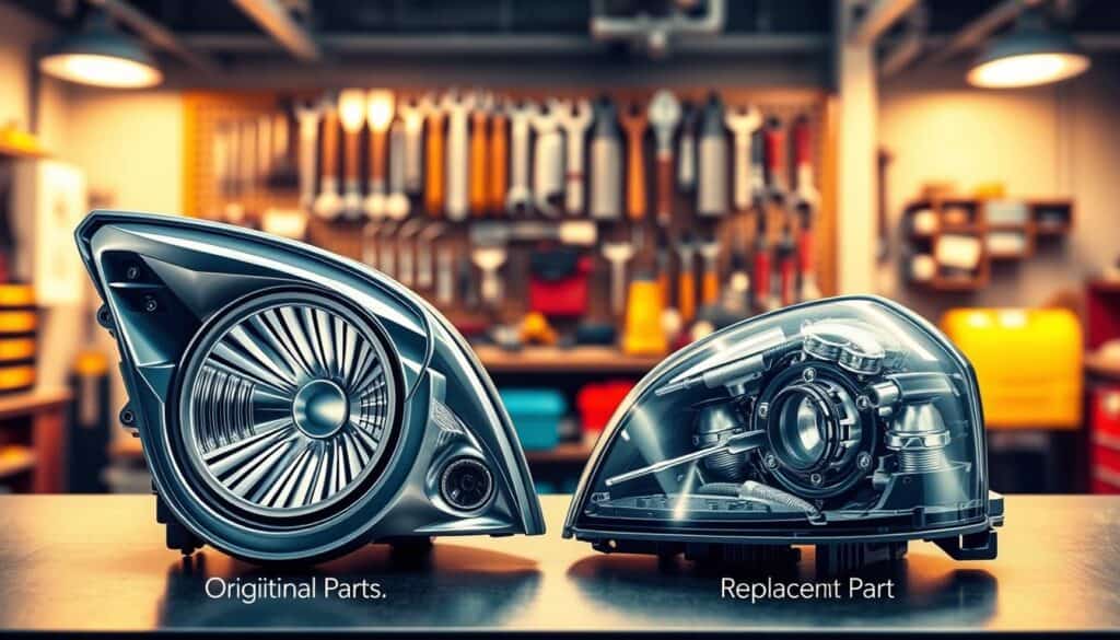 A detailed illustration showcasing a side-by-side comparison of original car parts and their compliant substitutes in a professional workshop setting. In the foreground, a shining original car part is placed next to a high-quality replacement part, both displayed on a workbench. The middle ground features an organized tool rack, with tools arranged meticulously, emphasizing precision and care. In the background, a blurred workshop environment highlighted by soft, warm lighting conveys a sense of safety and expertise. The angle is slightly top-down, providing viewers an inclusive perspective. The mood is informative and reassuring, emphasizing quality, safety, and technical compliance in automotive parts. A detailed illustration showcasing a side-by-side comparison of original car parts and their compliant substitutes in a professional workshop setting. In the foreground, a shining original car part is placed next to a high-quality replacement part, both displayed on a workbench. The middle ground features an organized tool rack, with tools arranged meticulously, emphasizing precision and care. In the background, a blurred workshop environment highlighted by soft, warm lighting conveys a sense of safety and expertise. The angle is slightly top-down, providing viewers an inclusive perspective. The mood is informative and reassuring, emphasizing quality, safety, and technical compliance in automotive parts.