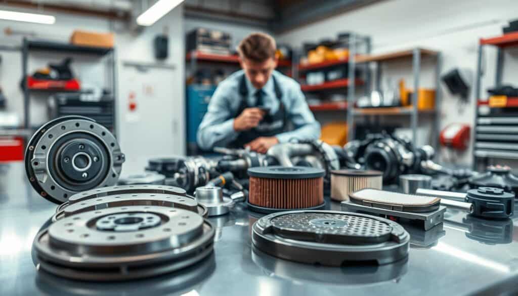 A detailed image of original vehicle parts laid out on a sleek, reflective surface. In the foreground, focus on a variety of high-quality car components, such as brake pads, filters, and engine parts, showcasing intricate designs and textures. The middle ground should feature a professional mechanic in business attire examining the components closely, highlighting the importance of safety. In the background, a softly blurred automotive workshop environment with shelves stocked with tools and additional parts. Soft, even lighting illuminates the scene from above, casting subtle shadows to emphasize the details. The atmosphere is one of professionalism, precision, and focus on safety in automotive engineering. A detailed image of original vehicle parts laid out on a sleek, reflective surface. In the foreground, focus on a variety of high-quality car components, such as brake pads, filters, and engine parts, showcasing intricate designs and textures. The middle ground should feature a professional mechanic in business attire examining the components closely, highlighting the importance of safety. In the background, a softly blurred automotive workshop environment with shelves stocked with tools and additional parts. Soft, even lighting illuminates the scene from above, casting subtle shadows to emphasize the details. The atmosphere is one of professionalism, precision, and focus on safety in automotive engineering.