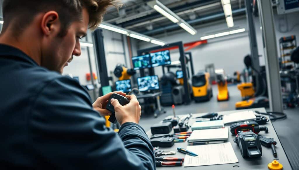 A detailed mechanic workshop scene focused on vehicle safety repairs. In the foreground, a skilled mechanic, dressed in a professional uniform, inspects a car's safety system components, such as airbag sensors and braking systems. In the middle ground, tools and equipment are organized neatly on a workbench, with safety manuals and calibration devices prominently displayed. The background consists of a well-lit garage with diagnostic screens showing vehicle performance data and machinery used for repairs. The lighting is bright, emphasizing the professionalism and attention to detail in the environment, creating a serious yet focused atmosphere of safety and compliance in vehicle maintenance. The angle captures the mechanic's concentration, highlighting the importance of proper repairs. A detailed mechanic workshop scene focused on vehicle safety repairs. In the foreground, a skilled mechanic, dressed in a professional uniform, inspects a car's safety system components, such as airbag sensors and braking systems. In the middle ground, tools and equipment are organized neatly on a workbench, with safety manuals and calibration devices prominently displayed. The background consists of a well-lit garage with diagnostic screens showing vehicle performance data and machinery used for repairs. The lighting is bright, emphasizing the professionalism and attention to detail in the environment, creating a serious yet focused atmosphere of safety and compliance in vehicle maintenance. The angle captures the mechanic's concentration, highlighting the importance of proper repairs.