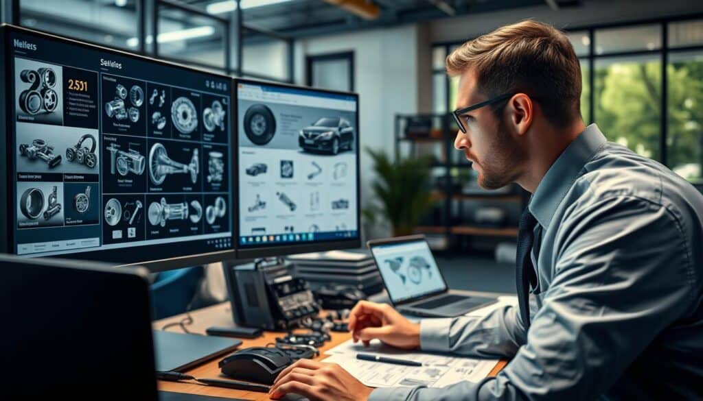 A detailed, professional workspace scene showcasing an expert analyzing vehicle replacement parts online. In the foreground, a focused individual wearing business attire examines a high-resolution monitor displaying various car parts and online recommendations. The middle layer features an organized desk with technical diagrams, tools, and a laptop, enhancing the atmosphere of expert analysis. The background reveals a modern office, softly illuminated with natural light filtering through large windows, creating a bright and inviting environment. The composition emphasizes a sense of diligence and professionalism, with a clear focus on the subject's commitment to finding the right vehicle parts. The overall mood is one of concentration and success, reflecting both achievements and challenges in the expert's field. A detailed, professional workspace scene showcasing an expert analyzing vehicle replacement parts online. In the foreground, a focused individual wearing business attire examines a high-resolution monitor displaying various car parts and online recommendations. The middle layer features an organized desk with technical diagrams, tools, and a laptop, enhancing the atmosphere of expert analysis. The background reveals a modern office, softly illuminated with natural light filtering through large windows, creating a bright and inviting environment. The composition emphasizes a sense of diligence and professionalism, with a clear focus on the subject's commitment to finding the right vehicle parts. The overall mood is one of concentration and success, reflecting both achievements and challenges in the expert's field.