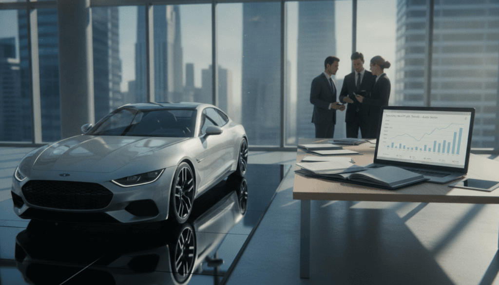 A detailed scene depicting the concept of the "market value of a car" in a professional setting. In the foreground, a car is displayed prominently, showcasing its sleek design and condition, placed on a reflective surface that highlights its features. In the middle, financial documents and a laptop with market analysis graphs are spread out, suggesting a detailed evaluation process. The background features a modern office environment with large windows allowing natural light to flood in, creating a bright and professional atmosphere. The mood is serious and focused, conveying the importance of independent valuation with an emphasis on the secondary market. Use a wide-angle lens to capture the entire scene, emphasizing depth and clarity. A detailed scene depicting the concept of the "market value of a car" in a professional setting. In the foreground, a car is displayed prominently, showcasing its sleek design and condition, placed on a reflective surface that highlights its features. In the middle, financial documents and a laptop with market analysis graphs are spread out, suggesting a detailed evaluation process. The background features a modern office environment with large windows allowing natural light to flood in, creating a bright and professional atmosphere. The mood is serious and focused, conveying the importance of independent valuation with an emphasis on the secondary market. Use a wide-angle lens to capture the entire scene, emphasizing depth and clarity.