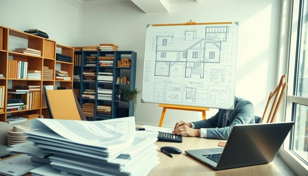 A detailed scene of a construction cost estimate process in a bright, modern office. In the foreground, a professional wearing business attire is seated at a desk, examining stacks of blueprints and technical documents, with a calculator and a laptop open in front of them. The middle ground features a large wall-mounted blueprint showing architectural plans and repair guidelines, along with a whiteboard filled with notes and calculations. In the background, there are shelves filled with reference books and construction tools. The lighting is bright and natural, emanating from large windows, creating an atmosphere of focus and professionalism. The angle is slightly elevated, providing a comprehensive view of the workspace, emphasizing the complexity and organization of the cost estimating process. A detailed scene of a construction cost estimate process in a bright, modern office. In the foreground, a professional wearing business attire is seated at a desk, examining stacks of blueprints and technical documents, with a calculator and a laptop open in front of them. The middle ground features a large wall-mounted blueprint showing architectural plans and repair guidelines, along with a whiteboard filled with notes and calculations. In the background, there are shelves filled with reference books and construction tools. The lighting is bright and natural, emanating from large windows, creating an atmosphere of focus and professionalism. The angle is slightly elevated, providing a comprehensive view of the workspace, emphasizing the complexity and organization of the cost estimating process.
