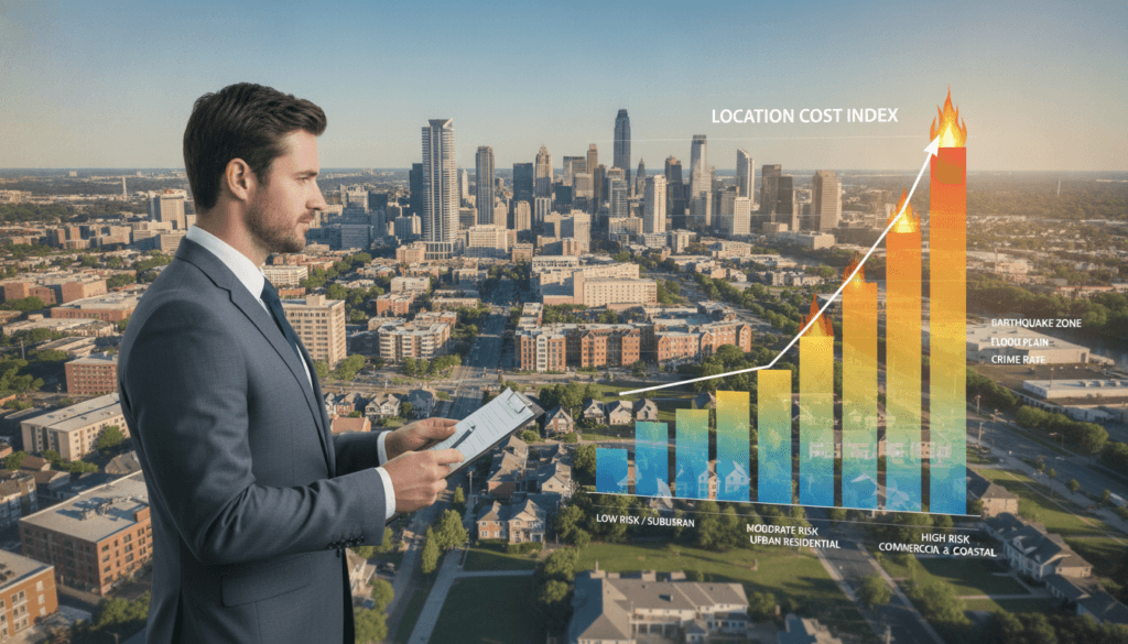 A detailed scene showcasing the influence of location on insurance cost estimates. In the foreground, a professional in business attire stands confidently with a clipboard, reviewing documents. The middle ground features a diverse urban landscape with a mix of residential and commercial buildings, representing different locations. To the right, a chart overlays the buildings, illustrating varying cost impacts based on location, with noticeable gradients in color to indicate cost differences. The background is a skyline under a clear blue sky, symbolizing optimism and clarity. Soft lighting enhances the details, with a slight tilt-shift effect to focus on the professional and the chart, creating a sense of importance and urgency in the analysis of costs. A detailed scene showcasing the influence of location on insurance cost estimates. In the foreground, a professional in business attire stands confidently with a clipboard, reviewing documents. The middle ground features a diverse urban landscape with a mix of residential and commercial buildings, representing different locations. To the right, a chart overlays the buildings, illustrating varying cost impacts based on location, with noticeable gradients in color to indicate cost differences. The background is a skyline under a clear blue sky, symbolizing optimism and clarity. Soft lighting enhances the details, with a slight tilt-shift effect to focus on the professional and the chart, creating a sense of importance and urgency in the analysis of costs.