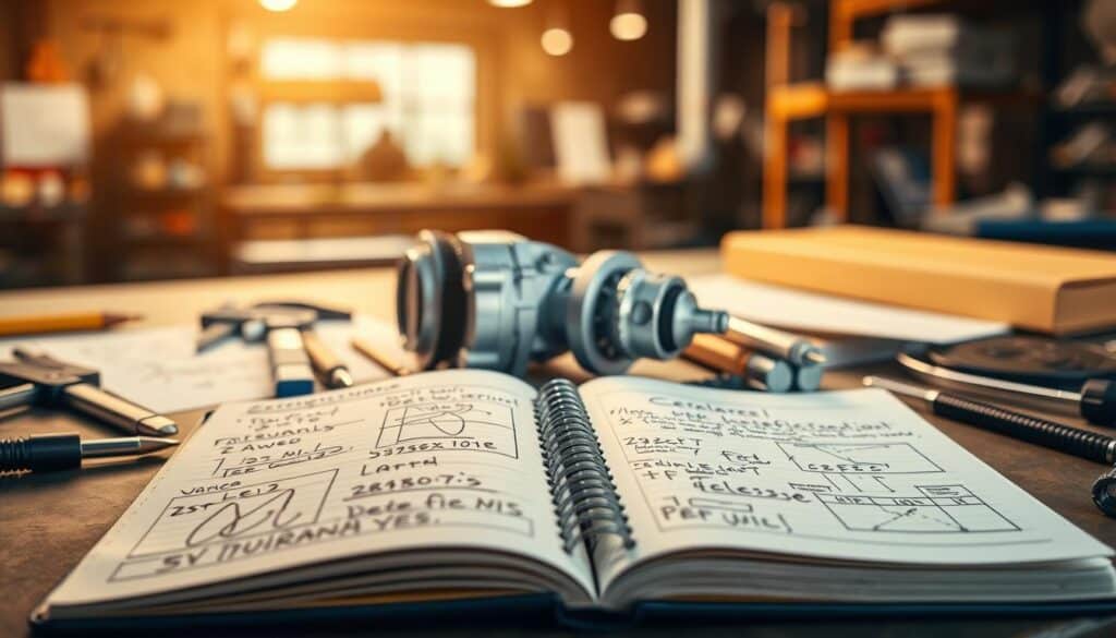 A detailed technical justification illustration, featuring an open notebook with handwritten notes and diagrams prominently in the foreground. In the middle, a sophisticated 3D model of a mechanical part is shown, surrounded by various technical tools such as calipers and screwdrivers. The background is filled with a softly blurred workshop environment, illuminated by warm, ambient lighting that highlights the focused atmosphere of engineering and design. The image should convey a sense of professionalism and clarity, inviting the viewer to appreciate the importance of technical justification in calculations. Capture the scene with a shallow depth of field to emphasize the notebook and the mechanical part, using a soft focus technique to enhance the depth. A detailed technical justification illustration, featuring an open notebook with handwritten notes and diagrams prominently in the foreground. In the middle, a sophisticated 3D model of a mechanical part is shown, surrounded by various technical tools such as calipers and screwdrivers. The background is filled with a softly blurred workshop environment, illuminated by warm, ambient lighting that highlights the focused atmosphere of engineering and design. The image should convey a sense of professionalism and clarity, inviting the viewer to appreciate the importance of technical justification in calculations. Capture the scene with a shallow depth of field to emphasize the notebook and the mechanical part, using a soft focus technique to enhance the depth.