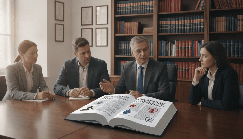 A detailed visual guide on German law, specifically focusing on the right to appeal insurance decisions. In the foreground, a confident, middle-aged male lawyer dressed in a professional suit, discussing with a diverse group of clients who are dressed in business casual attire, showing concern and engagement. In the middle ground, a large, open book with the title "Poradnik po Niemiecku" in clear focus, filled with legal text and illustrations pertaining to insurance law. The background includes a modern office setting with shelves filled with law books and certificates on the walls. Soft, natural lighting streams through large windows, creating a professional yet approachable atmosphere. The overall mood is informative and supportive, emphasizing collaboration in navigating legal processes. A detailed visual guide on German law, specifically focusing on the right to appeal insurance decisions. In the foreground, a confident, middle-aged male lawyer dressed in a professional suit, discussing with a diverse group of clients who are dressed in business casual attire, showing concern and engagement. In the middle ground, a large, open book with the title "Poradnik po Niemiecku" in clear focus, filled with legal text and illustrations pertaining to insurance law. The background includes a modern office setting with shelves filled with law books and certificates on the walls. Soft, natural lighting streams through large windows, creating a professional yet approachable atmosphere. The overall mood is informative and supportive, emphasizing collaboration in navigating legal processes.