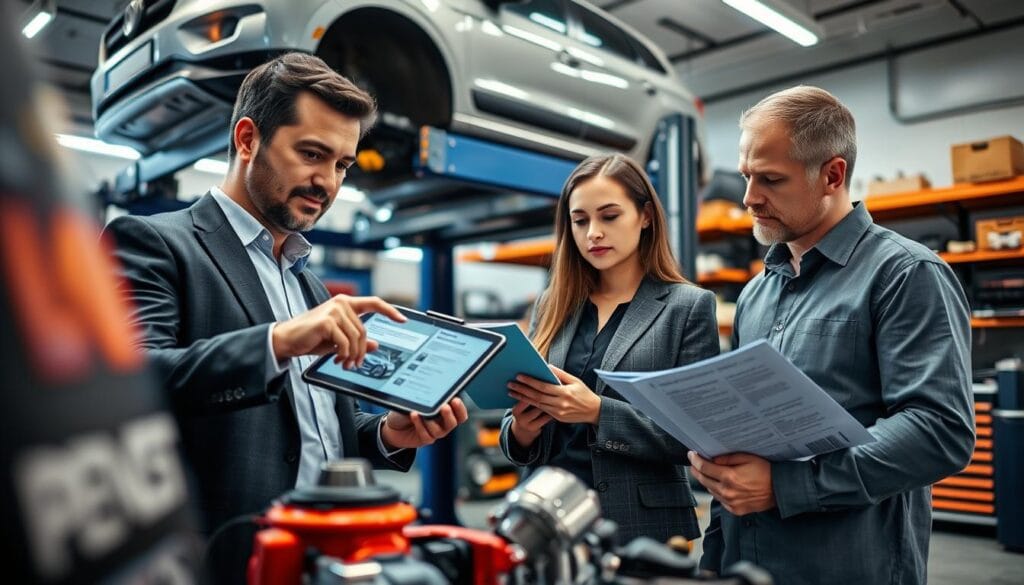 A diverse group of professionals in a modern automotive workshop, focused on discussing vehicle repair legislation. In the foreground, a man in a business suit points at a digital tablet displaying repair guidelines, surrounded by mechanical tools and parts. In the middle ground, a woman in smart casual attire reviews a vehicle repair manual, with a car lifted on a hydraulic platform. The background shows a well-equipped workshop with shelves of tools, bright LED lighting illuminating the scene, creating a clear, professional atmosphere. Shot from a slight low angle to emphasize collaboration and expertise, highlighting the importance of legal standards in automotive repairs. The mood is serious yet collaborative, reflecting a commitment to quality and compliance.