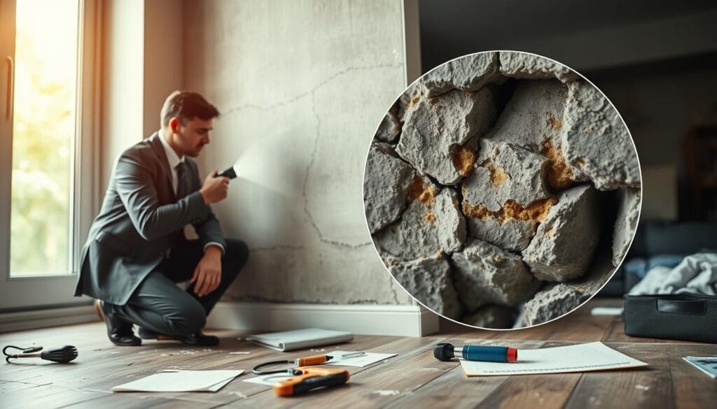 A focused depiction of a professional setting where an investigator is inspecting a damaged property for hidden damages. In the foreground, a well-dressed person, wearing a business suit, is kneeling next to a cracked wall, examining it closely with a flashlight in hand. In the middle, a detailed close-up of the wall reveals fractures and discoloration, symbolizing the hidden damages. The background features a slightly blurred room with scattered tools like a notepad and inspection equipment, hinting at the investigative process. Soft natural lighting from a nearby window enhances the mood of careful examination and urgency. The overall atmosphere is serious and contemplative, highlighting the importance of detecting and documenting hidden damages. A focused depiction of a professional setting where an investigator is inspecting a damaged property for hidden damages. In the foreground, a well-dressed person, wearing a business suit, is kneeling next to a cracked wall, examining it closely with a flashlight in hand. In the middle, a detailed close-up of the wall reveals fractures and discoloration, symbolizing the hidden damages. The background features a slightly blurred room with scattered tools like a notepad and inspection equipment, hinting at the investigative process. Soft natural lighting from a nearby window enhances the mood of careful examination and urgency. The overall atmosphere is serious and contemplative, highlighting the importance of detecting and documenting hidden damages.