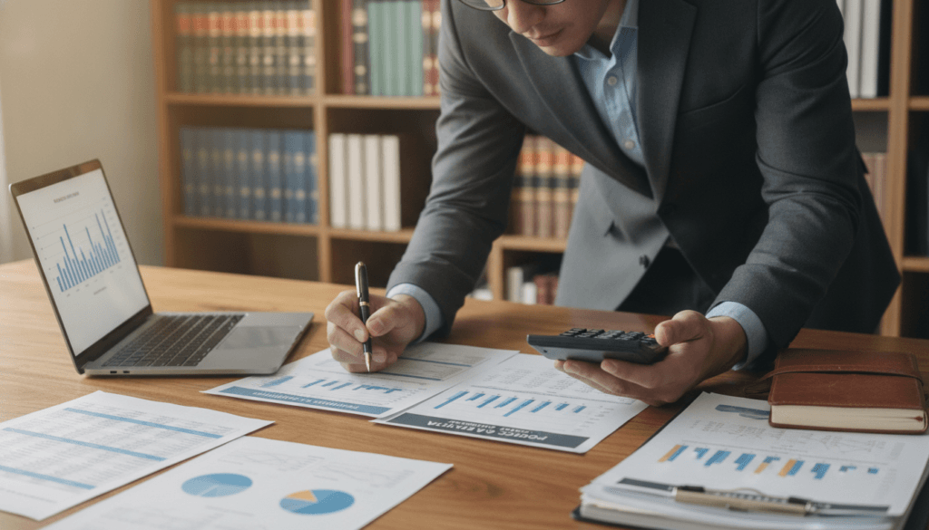 A focused image of a professional businessperson analyzing a detailed cost estimate on a large desk, surrounded by financial documents and charts. The individual, dressed in formal business attire, appears deep in thought, using a calculator and taking notes, with a laptop open in front of them displaying graphs. In the background, shelves filled with legal and accounting books are softly blurred to create depth. The scene is warmly lit, creating a serious yet productive atmosphere, capturing the essence of careful analysis and independent evaluation. The camera angle is slightly tilted downwards, emphasizing the concentration of the subject and the intricacy of the cost estimate. A focused image of a professional businessperson analyzing a detailed cost estimate on a large desk, surrounded by financial documents and charts. The individual, dressed in formal business attire, appears deep in thought, using a calculator and taking notes, with a laptop open in front of them displaying graphs. In the background, shelves filled with legal and accounting books are softly blurred to create depth. The scene is warmly lit, creating a serious yet productive atmosphere, capturing the essence of careful analysis and independent evaluation. The camera angle is slightly tilted downwards, emphasizing the concentration of the subject and the intricacy of the cost estimate.