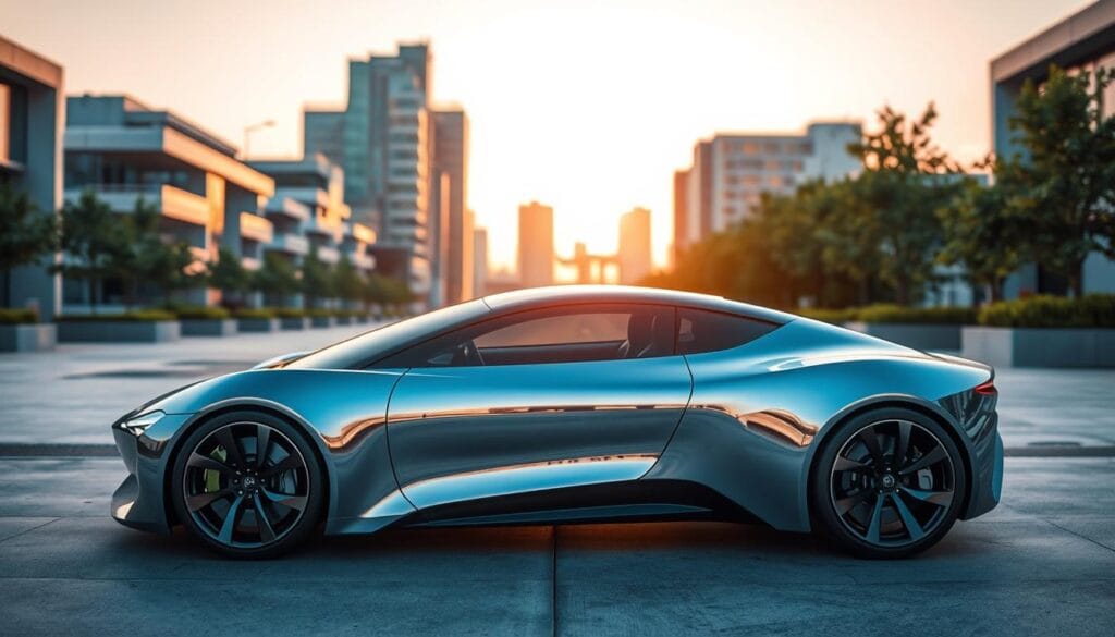 A futuristic vehicle showcasing advanced automotive paint shading techniques, positioned prominently in the foreground. The car is glossy and reflective, demonstrating a range of hues and visual effects that suggest depth and sophistication. In the background, an urban landscape with modern architecture and greenery creates a dynamic atmosphere, hinting at a blend of technology and nature. The scene is illuminated by soft, diffused lighting, simulating a golden hour glow, enhancing the car's features. Capture the image from a low angle to emphasize the contours and design of the vehicle, while the sky displays a gradient of warm colors. Overall, the mood is innovative and aspirational, reflecting the future of automotive aesthetics, emphasizing the marriage of artistry and technology.