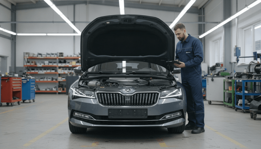 A modern Škoda car prominently displayed in an automotive repair shop, set in the foreground. The sleek design of the vehicle glistens under bright fluorescent lighting, emphasizing its metallic finish and elegant curves. In the middle ground, a professional mechanic, dressed in a neat coverall, examines the engine, showcasing the attention to detail necessary in both car repair and legal terminology. The background features various automotive tools and equipment, slightly blurred to add depth while maintaining focus on the car and mechanic. The atmosphere is industrious and concentrated, highlighting the connection between careful analysis and practical solutions in both legal and automotive contexts. Use a wide-angle lens to capture the entire scene, ensuring vibrant colors and sharp details are prominent. A modern Škoda car prominently displayed in an automotive repair shop, set in the foreground. The sleek design of the vehicle glistens under bright fluorescent lighting, emphasizing its metallic finish and elegant curves. In the middle ground, a professional mechanic, dressed in a neat coverall, examines the engine, showcasing the attention to detail necessary in both car repair and legal terminology. The background features various automotive tools and equipment, slightly blurred to add depth while maintaining focus on the car and mechanic. The atmosphere is industrious and concentrated, highlighting the connection between careful analysis and practical solutions in both legal and automotive contexts. Use a wide-angle lens to capture the entire scene, ensuring vibrant colors and sharp details are prominent.