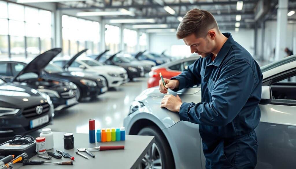 A modern auto repair shop featuring a sleek, well-lit garage filled with various vehicles in different states of repair. In the foreground, a professional mechanic in a navy blue jumpsuit is meticulously applying a fresh layer of high-quality automotive paint to a car fender, showcasing both precision and expertise. The middle ground includes tools and equipment neatly organized on a workbench, with a color mixing station visible. In the background, large windows flood the space with natural light, enhancing the shiny surfaces of the vehicles and creating a vibrant atmosphere. The overall mood is focused and industrious, highlighting the technology of vehicle repair and the importance of paint quality in the repair process, with a contemporary and clean aesthetic. A modern auto repair shop featuring a sleek, well-lit garage filled with various vehicles in different states of repair. In the foreground, a professional mechanic in a navy blue jumpsuit is meticulously applying a fresh layer of high-quality automotive paint to a car fender, showcasing both precision and expertise. The middle ground includes tools and equipment neatly organized on a workbench, with a color mixing station visible. In the background, large windows flood the space with natural light, enhancing the shiny surfaces of the vehicles and creating a vibrant atmosphere. The overall mood is focused and industrious, highlighting the technology of vehicle repair and the importance of paint quality in the repair process, with a contemporary and clean aesthetic.
