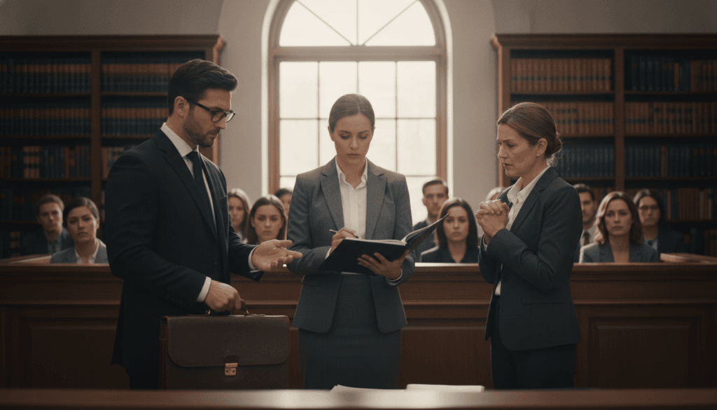 A modern courtroom setting, showcasing a judge seated at the bench, wearing a black robe and glasses, looking thoughtfully at a legal document. In the foreground, a diverse group of three professionals dressed in smart business attire - a male lawyer with a briefcase, a female lawyer with a notepad, and a client looking concerned. The middle ground features a wooden jury box with attentive jurors, while the background reveals shelves filled with legal books and a large window allowing soft, diffused natural light to illuminate the scene. The atmosphere conveys tension and seriousness, with thoughtful expressions on the professionals' faces, emphasizing the importance of understanding the legal process. The image is shot with a slight depth of field, focusing on the lawyers and client in the foreground, enhancing the gravity of the moment. A modern courtroom setting, showcasing a judge seated at the bench, wearing a black robe and glasses, looking thoughtfully at a legal document. In the foreground, a diverse group of three professionals dressed in smart business attire - a male lawyer with a briefcase, a female lawyer with a notepad, and a client looking concerned. The middle ground features a wooden jury box with attentive jurors, while the background reveals shelves filled with legal books and a large window allowing soft, diffused natural light to illuminate the scene. The atmosphere conveys tension and seriousness, with thoughtful expressions on the professionals' faces, emphasizing the importance of understanding the legal process. The image is shot with a slight depth of field, focusing on the lawyers and client in the foreground, enhancing the gravity of the moment.