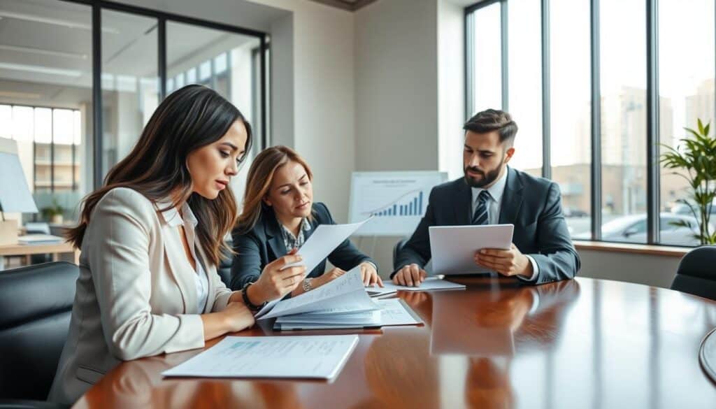 A modern insurance office setting, featuring a professional team discussing a detailed cost estimate. In the foreground, a well-dressed woman and a man in business attire sit at a polished wooden conference table, reviewing documents with focused expressions. The middle ground includes a large digital display showing graphs and insurance policy details, emphasizing collaboration and professionalism. In the background, spacious office with large windows allowing soft, natural light to flood in, creating a bright and inviting atmosphere. The scene conveys a sense of trust and thoroughness, ideal for readers navigating the complexities of insurance claims. The overall mood is serious and proactive, highlighting steps to take after receiving a cost estimate.