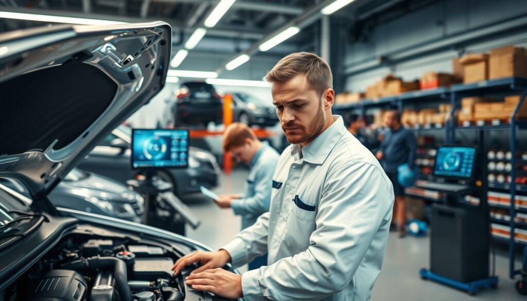 A modern vehicle repair shop bustling with activity. In the foreground, a mechanic in a clean uniform meticulously inspects an open car hood, showcasing a variety of tools nearby. In the middle ground, another technician is focused on a diagnostic machine, analyzing data on a screen displaying engine performance metrics. The background shows a well-organized workshop, with cars on lifts and shelves stocked with parts, illuminated by bright LED lights that create a warm, inviting atmosphere. The scene captures a sense of professionalism and efficiency, emphasizing the importance of accessibility in vehicle repair services. Use a slightly elevated angle to create depth, highlighting both the immediate action and the organized environment around them.