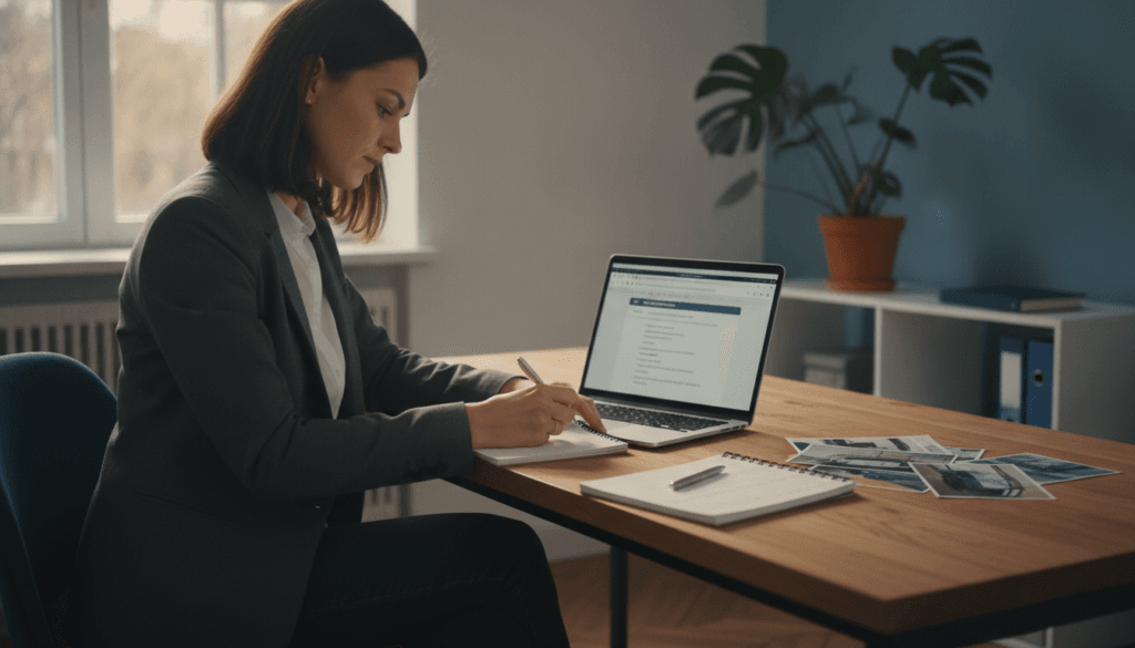 A neatly organized office setting in Germany, illuminated by warm, natural light streaming through a large window. In the foreground, a professional-looking woman in business attire is seated at a desk, preparing documents with focused determination. On the desk, a laptop displays some open tabs related to insurance claims. In the middle ground, a small stack of photographs depicting damage is neatly arranged beside a notepad filled with notes and checklists. In the background, a potted plant adds a touch of greenery to the scene, emphasizing a calm but serious atmosphere. The composition conveys a sense of preparation and professionalism, capturing the essence of preparing for an important conversation with an insurance provider. A neatly organized office setting in Germany, illuminated by warm, natural light streaming through a large window. In the foreground, a professional-looking woman in business attire is seated at a desk, preparing documents with focused determination. On the desk, a laptop displays some open tabs related to insurance claims. In the middle ground, a small stack of photographs depicting damage is neatly arranged beside a notepad filled with notes and checklists. In the background, a potted plant adds a touch of greenery to the scene, emphasizing a calm but serious atmosphere. The composition conveys a sense of preparation and professionalism, capturing the essence of preparing for an important conversation with an insurance provider.