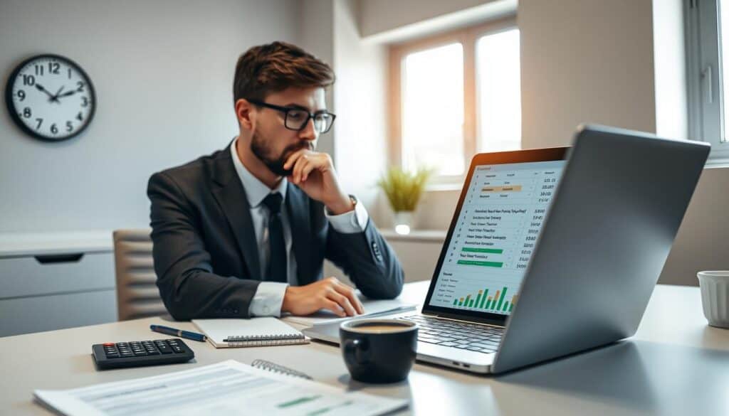 A professional accountant seated at a modern desk, deep in thought while calculating repair costs. In the foreground, a sleek laptop displays a detailed spreadsheet with numerical data and graphs, showing the breakdown of rates for various services. The middle of the scene features various tools related to accounting, such as a calculator, notepad, and a cup of coffee. In the background, a soft-focus wall clock and a window with natural light streaming in create a warm atmosphere. The lighting is soft and diffused, enhancing the thoughtful mood. The room has muted colors, with an emphasis on professionalism. The accountant is wearing a smart business outfit, exuding confidence and focus.