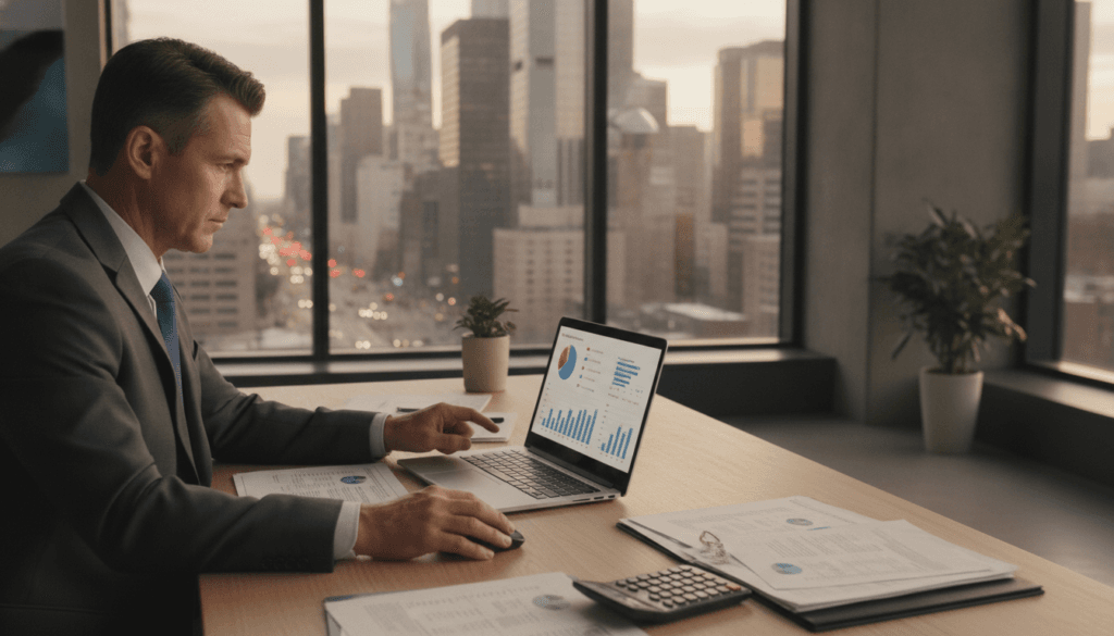 A professional and engaging scene in a modern office setting where a determined individual, dressed in business attire, is reviewing car valuation documents with a focus on a repair estimate. In the foreground, the person, a middle-aged Caucasian man, is analyzing a laptop screen displaying graphs and figures; there are scattered legal papers and a calculator on the desk. In the middle, a thoughtful expression on his face, as he contemplates his options. In the background, a large window offers a view of a bustling cityscape, contributing to an atmosphere of urgency and determination. The lighting is soft and even, suggesting a late afternoon, creating a calm yet serious mood. The angle is slightly above eye level, capturing both the individual’s concentration and the organized workspace.