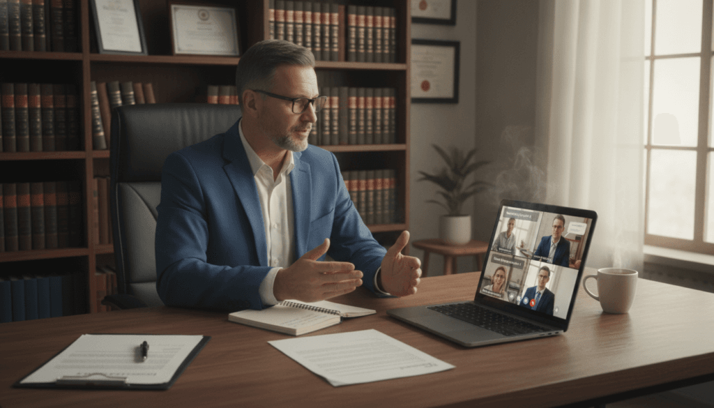 A professional and serene online legal consultation scene, featuring a smartly dressed lawyer sitting at a modern desk with a laptop open, engaged in a video call discussing insurance negotiations. The foreground shows the lawyer, a middle-aged individual with glasses, exuding confidence and professionalism. In the middle, the desktop is neatly arranged with legal documents, a notepad, and a coffee cup, highlighting the preparations for negotiations. The background features a bookshelf filled with law books, framed certificates, and a soft, warm window light illuminating the scene, creating an atmosphere of trust and expertise. The angle captures the lawyer from a slightly elevated perspective, emphasizing the digital interaction while maintaining a professional yet approachable mood. A professional and serene online legal consultation scene, featuring a smartly dressed lawyer sitting at a modern desk with a laptop open, engaged in a video call discussing insurance negotiations. The foreground shows the lawyer, a middle-aged individual with glasses, exuding confidence and professionalism. In the middle, the desktop is neatly arranged with legal documents, a notepad, and a coffee cup, highlighting the preparations for negotiations. The background features a bookshelf filled with law books, framed certificates, and a soft, warm window light illuminating the scene, creating an atmosphere of trust and expertise. The angle captures the lawyer from a slightly elevated perspective, emphasizing the digital interaction while maintaining a professional yet approachable mood.