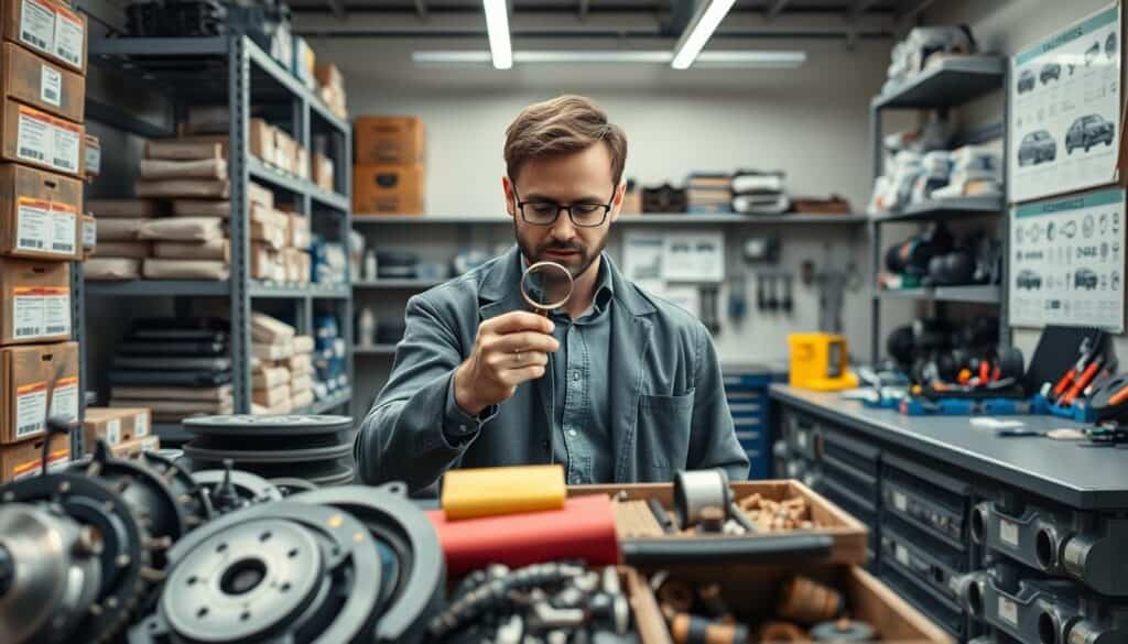 A professional automotive expert stands in a well-lit, organized workshop surrounded by shelves filled with various car parts and replacement components. In the foreground, close-up shots of high-quality vehicle spare parts, such as brake pads, filters, and engine components are prominently displayed. The expert, dressed in a smart but casual outfit, examines a part with focus, using a magnifying glass, suggesting meticulous attention to quality. The middle ground features neatly labeled bins of parts, while the background reveals a large workbench with tools and diagrams of vehicles. Soft, natural lighting creates a clean, inviting atmosphere, highlighting the importance of precision in selecting the right car parts. The mood is professional and diligent, emphasizing expertise in automotive care. A professional automotive expert stands in a well-lit, organized workshop surrounded by shelves filled with various car parts and replacement components. In the foreground, close-up shots of high-quality vehicle spare parts, such as brake pads, filters, and engine components are prominently displayed. The expert, dressed in a smart but casual outfit, examines a part with focus, using a magnifying glass, suggesting meticulous attention to quality. The middle ground features neatly labeled bins of parts, while the background reveals a large workbench with tools and diagrams of vehicles. Soft, natural lighting creates a clean, inviting atmosphere, highlighting the importance of precision in selecting the right car parts. The mood is professional and diligent, emphasizing expertise in automotive care.