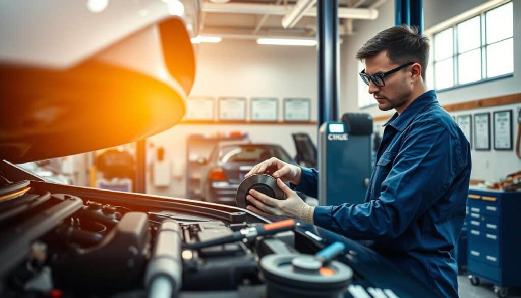 A professional automotive repair workshop scene, focusing on a mechanic diligently inspecting a vehicle's safety features. In the foreground, a mechanic in a blue jumpsuit and safety glasses is examining the car's braking system. The middle ground features various tools and spare parts, emphasizing quality repairs. In the background, a polished workshop with bright overhead lighting, showcasing safety certificates on the walls. The setting reflects a dedication to high repair standards and vehicle safety, with natural sunlight filtering through a window, casting warm light. The atmosphere is serious yet hopeful, conveying a commitment to quality and safety in automotive repairs. A professional automotive repair workshop scene, focusing on a mechanic diligently inspecting a vehicle's safety features. In the foreground, a mechanic in a blue jumpsuit and safety glasses is examining the car's braking system. The middle ground features various tools and spare parts, emphasizing quality repairs. In the background, a polished workshop with bright overhead lighting, showcasing safety certificates on the walls. The setting reflects a dedication to high repair standards and vehicle safety, with natural sunlight filtering through a window, casting warm light. The atmosphere is serious yet hopeful, conveying a commitment to quality and safety in automotive repairs.